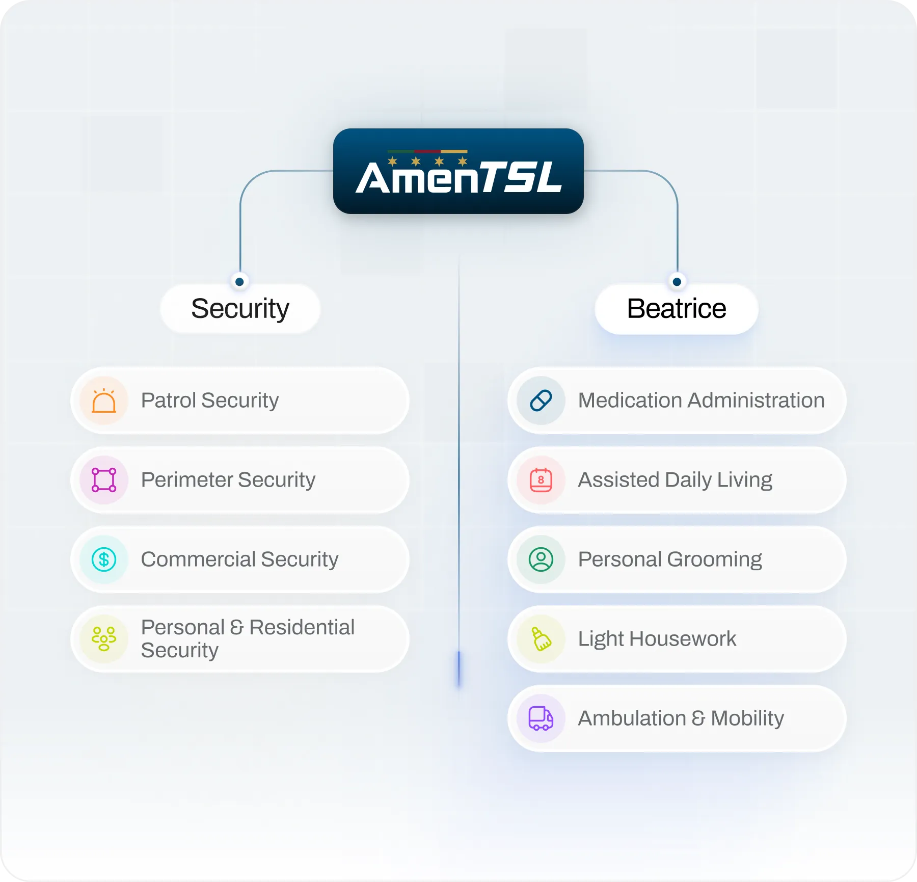 Amen TSL service comparison showing Security and Beatrice home health offerings.