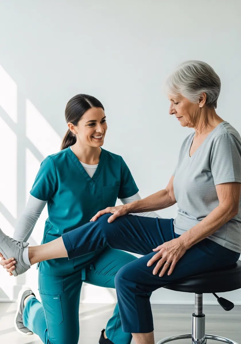 A Beatrice caregiver assisting an older woman with a mobility exercise.